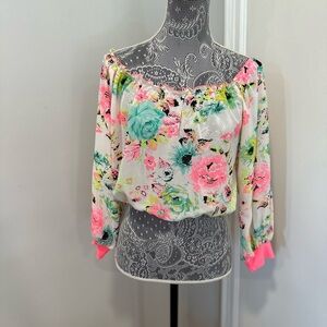 Women’s Sz: M Unique 21 Bright Colorful Floral Off The Shoulder Sheer Blouse.